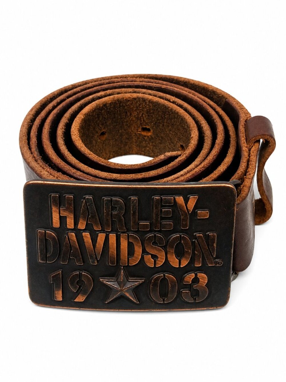 Harley-Davidson Dark Brown Leather Belt with 1903 Embossed Copper-Tone Buckle